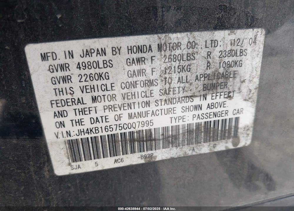 2005 ACURA RL 3.5 VIN: JH4KB16575C007995