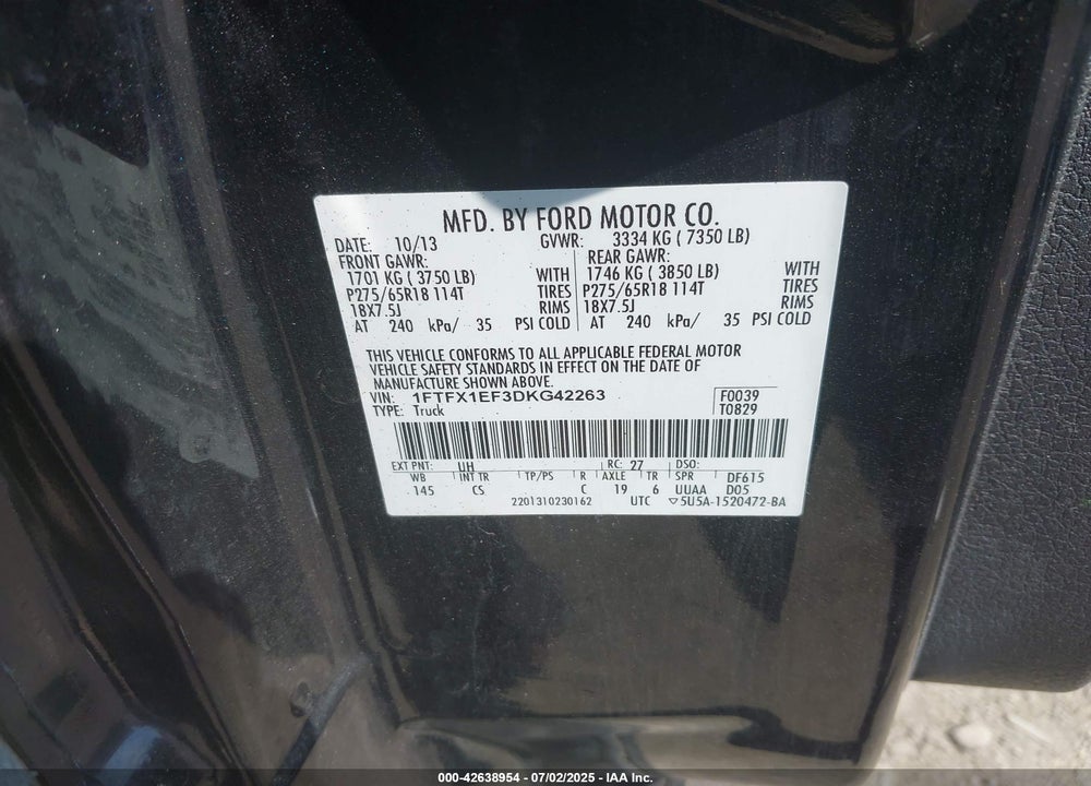 2013 FORD F-150 VIN: 1FTFX1EF3DKG42263