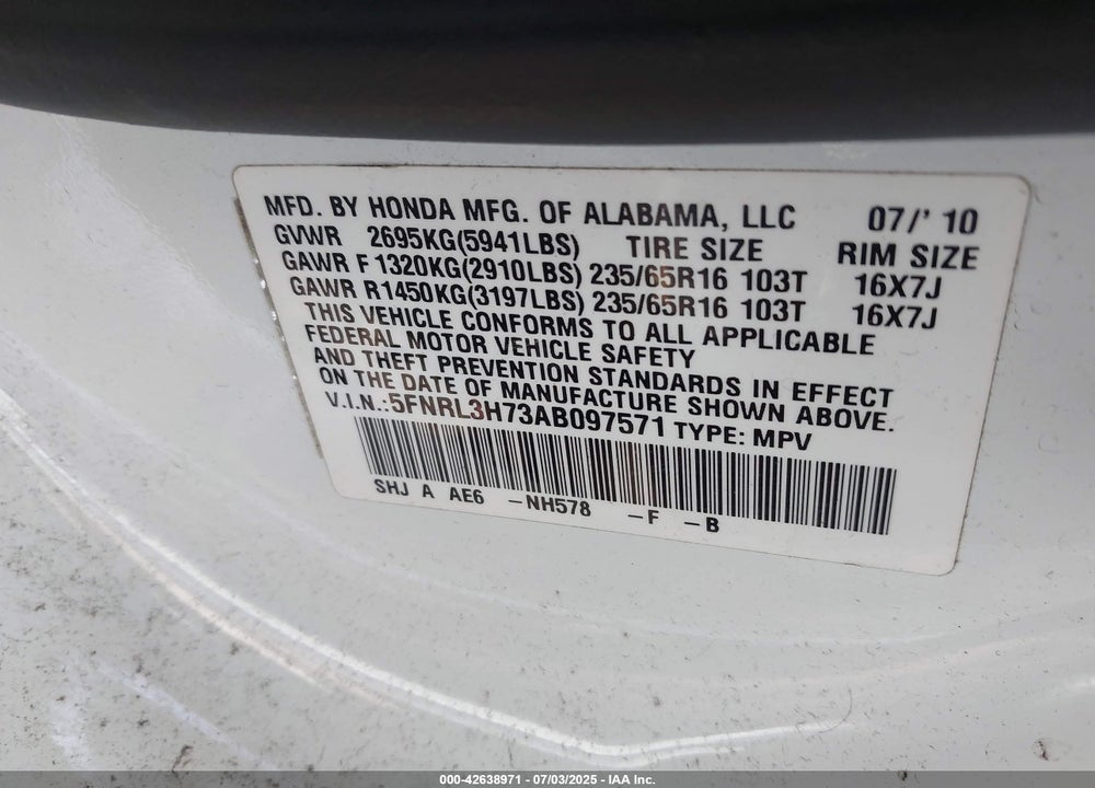 2010 HONDA ODYSSEY EX-L VIN: 5FNRL3H73AB097571