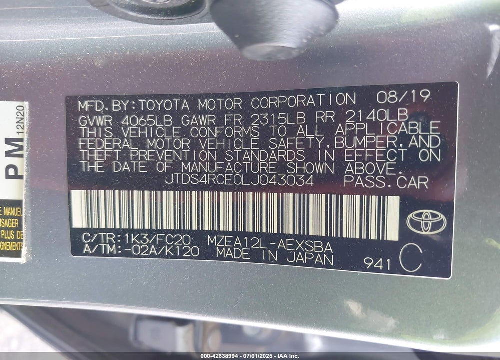 2020 TOYOTA COROLLA VIN: JTDS4RCE0LJ043034