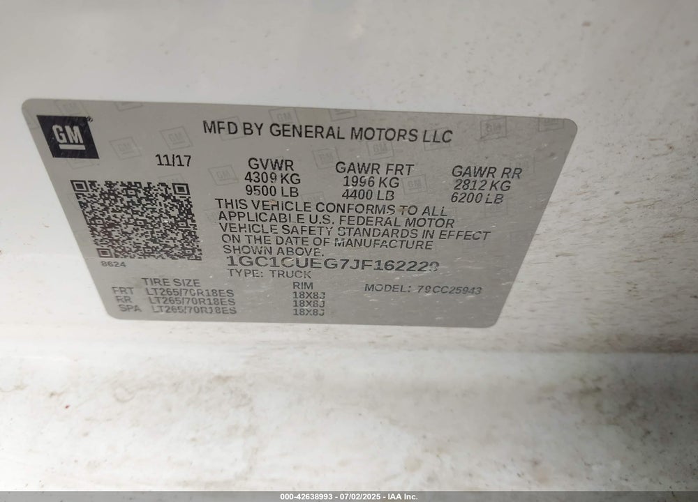 2018 CHEVROLET SILVERADO 2500 VIN: 1GC1CUEG7JF162229