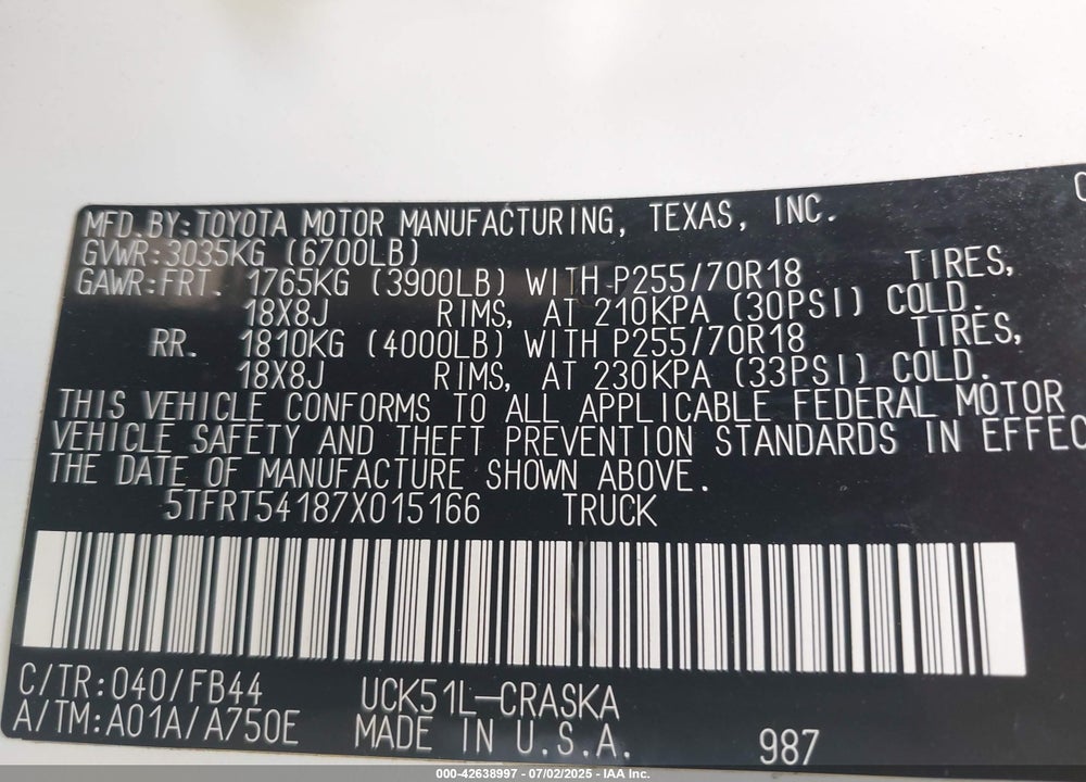 2007 TOYOTA TUNDRA SR5 4.7L V8 VIN: 5TFRT54187X015166