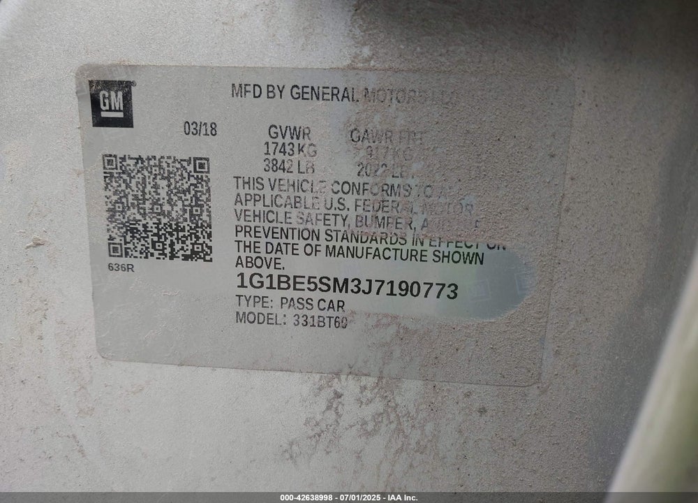 2018 CHEVROLET CRUZE VIN: 1G1BE5SM3J7190773