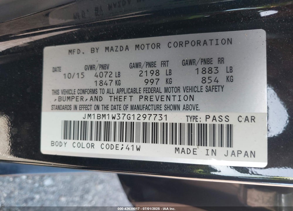 2016 MAZDA MAZDA3 VIN: JM1BM1W37G1297731
