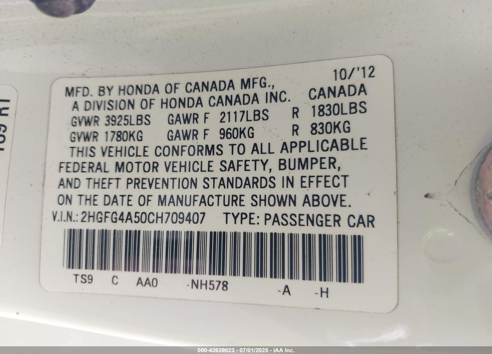 2012 HONDA CIVIC VIN: 2HGFG4A50CH709407