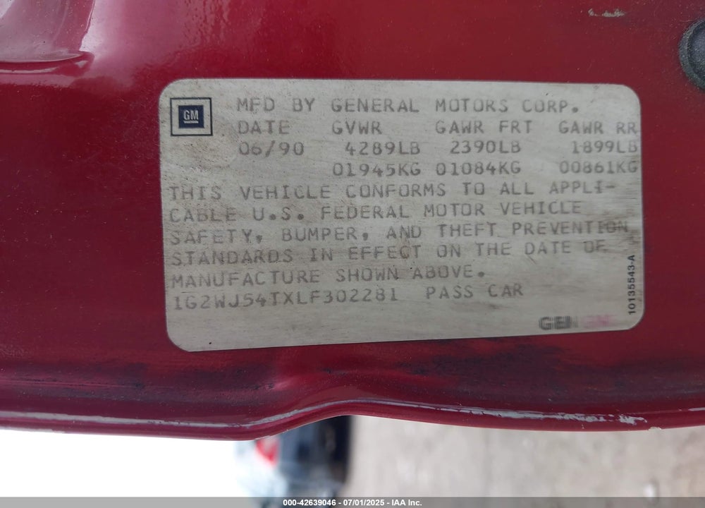 1990 PONTIAC GRAND PRIX VIN: 1G2WJ54TXLF302281