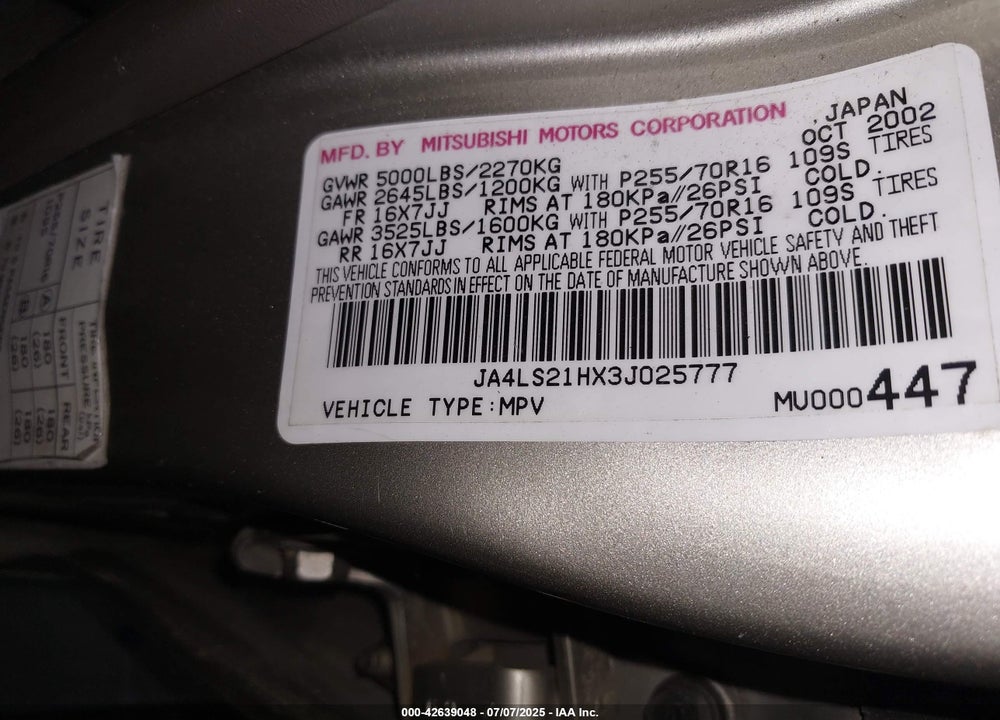 2003 MITSUBISHI MONTERO SPORT ES/LS VIN: JA4LS21HX3J025777