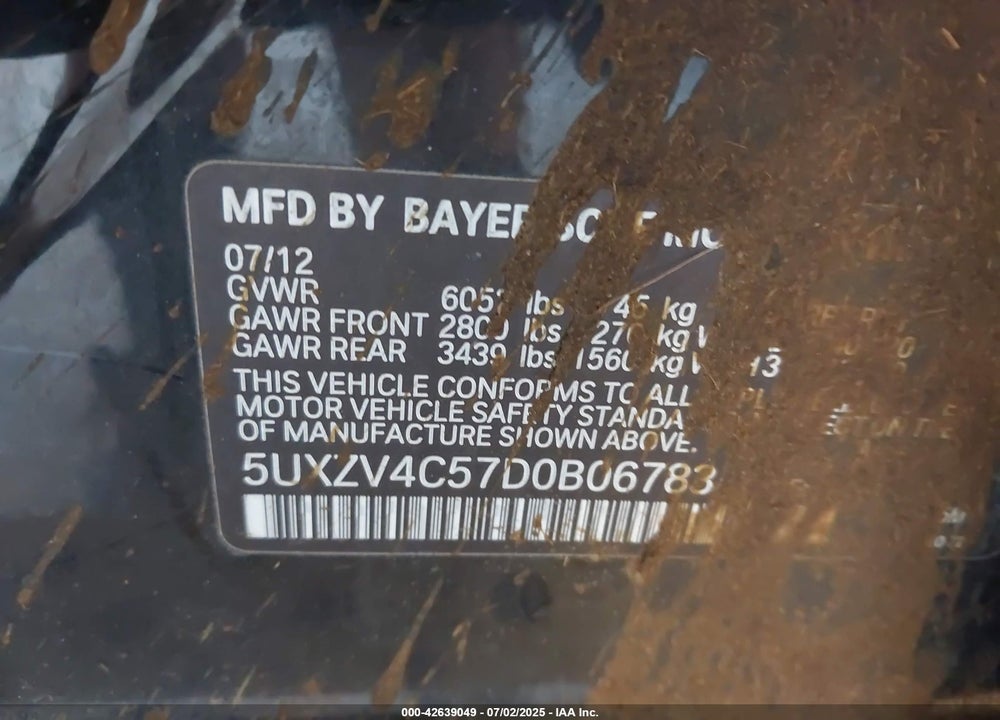 2013 BMW X5 VIN: 5UXZV4C57D0B06783