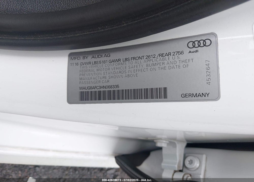 2017 AUDI A6 VIN: WAUG8AFC3HN068335