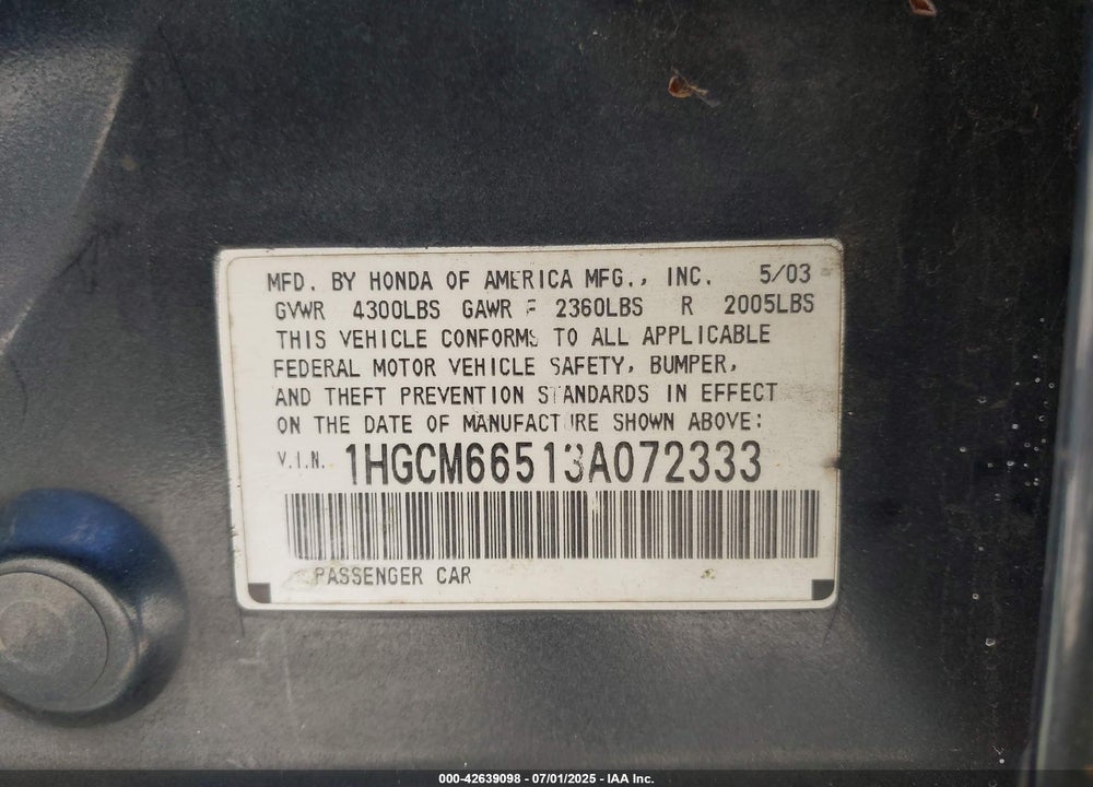 2003 HONDA ACCORD 3.0 EX VIN: 1HGCM66513A072333