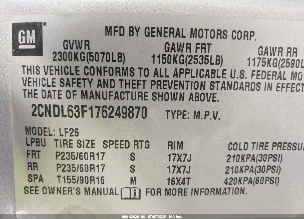 2007 CHEVROLET EQUINOX VIN: 2CNDL63F176249870