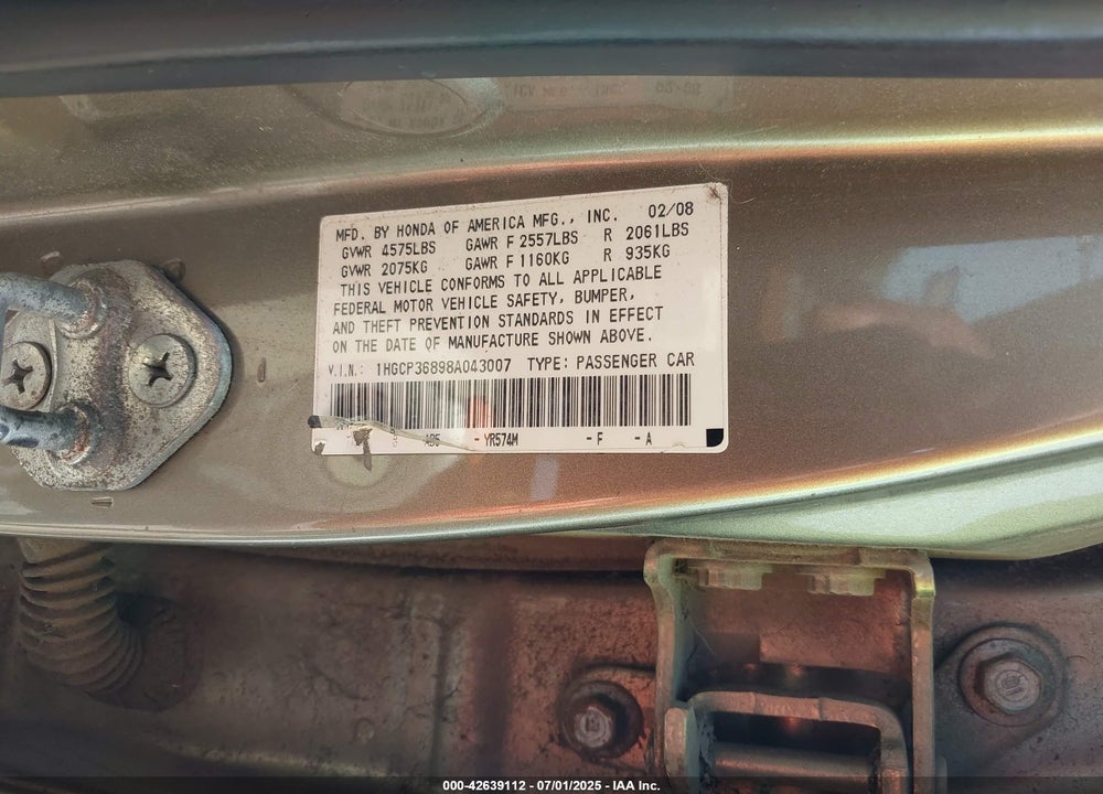 2008 HONDA ACCORD VIN: 1HGCP36898A043007