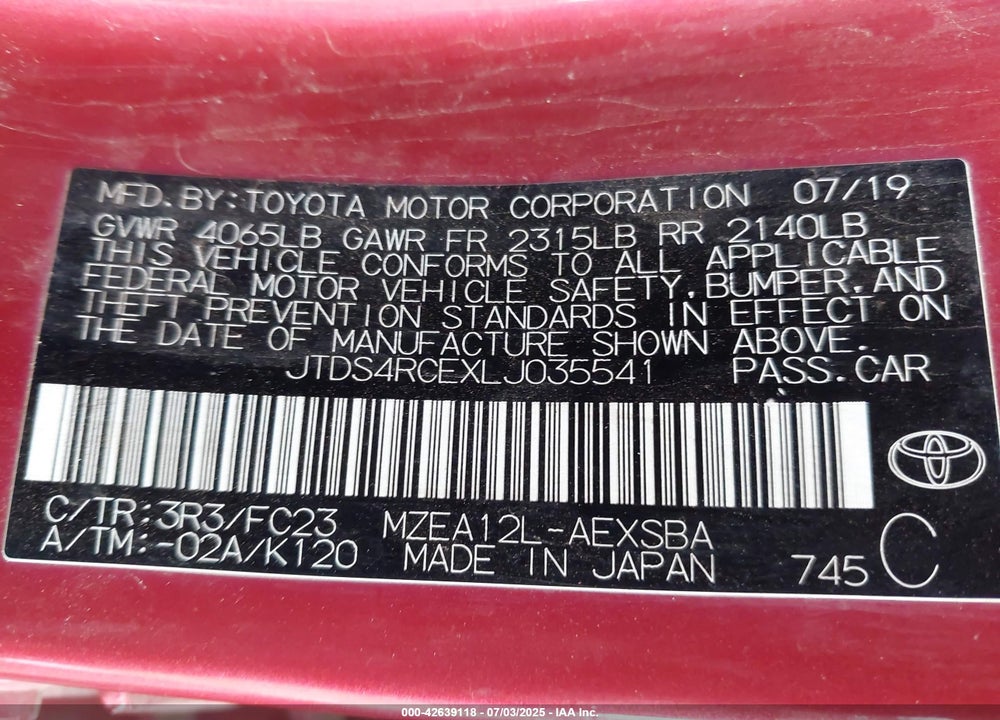 2020 TOYOTA COROLLA VIN: JTDS4RCEXLJ035541