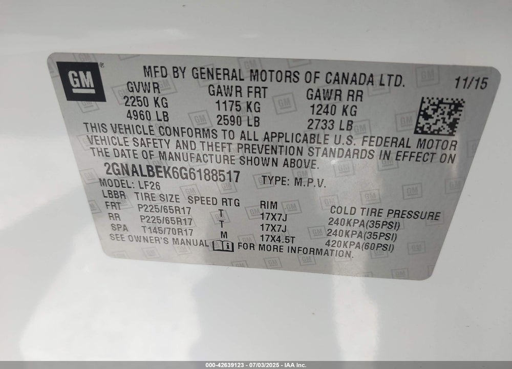 2016 CHEVROLET EQUINOX VIN: 2GNALBEK6G6188517