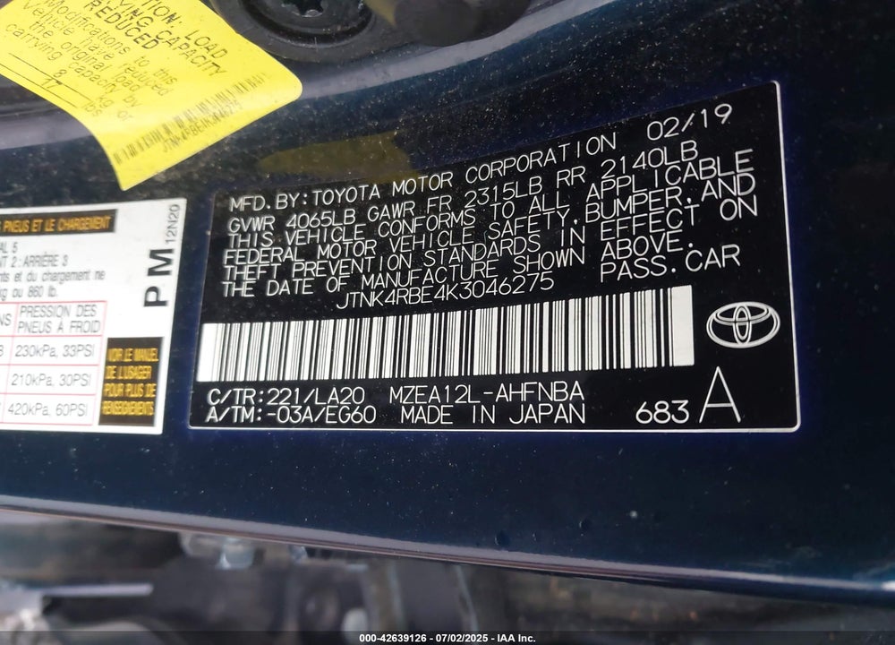 2019 TOYOTA COROLLA XSE VIN: JTNK4RBE4K3046275