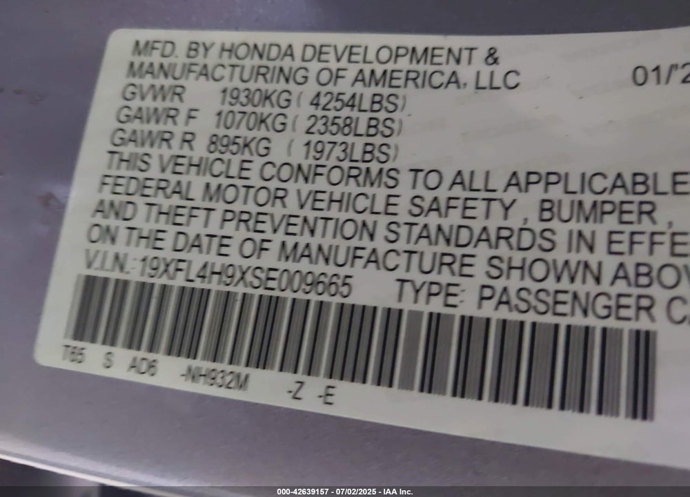 2025 HONDA CIVIC HYBRID VIN: 19XFL4H9XSE009665