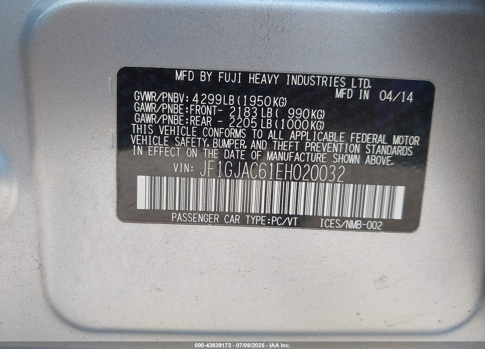 2014 SUBARU IMPREZA VIN: JF1GJAC61EH020032