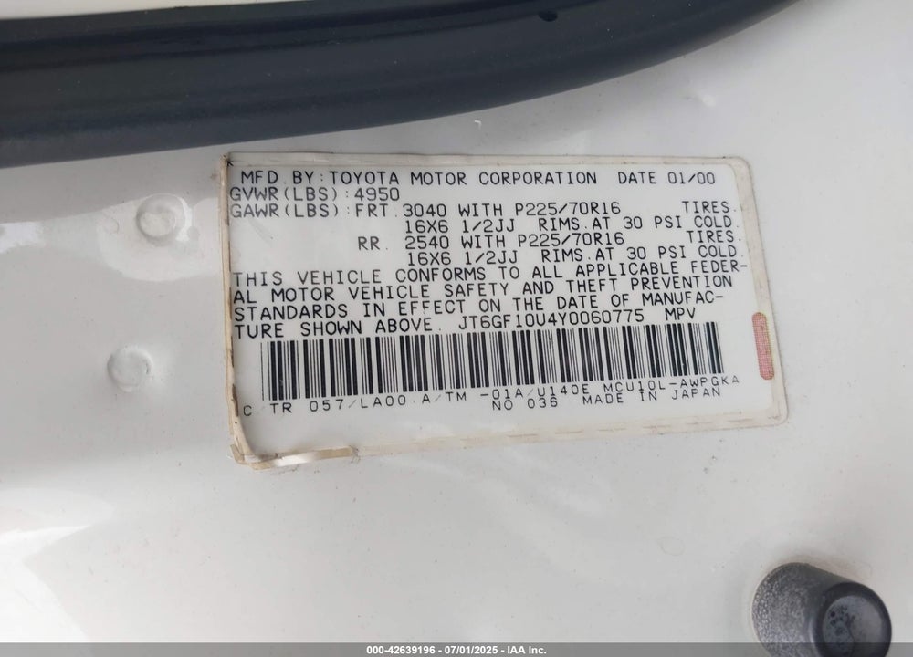 2000 LEXUS RX 300 VIN: JT6GF10U4Y0060775