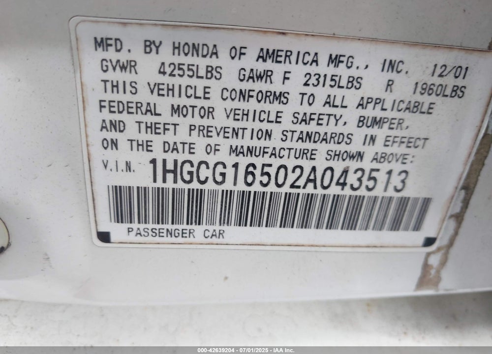 2002 HONDA ACCORD 3.0 EX VIN: 1HGCG16502A043513