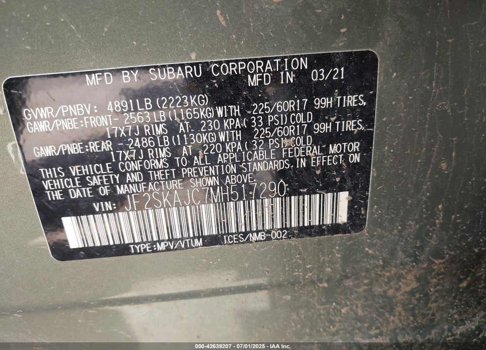 2021 SUBARU FORESTER VIN: JF2SKAJC7MH517290