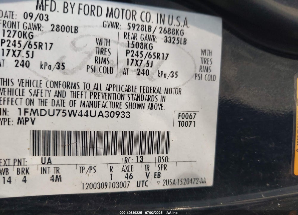 2004 FORD EXPLORER LIMITED VIN: 1FMDU75W44UA30933