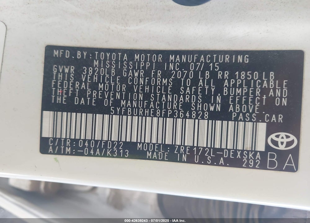 2015 TOYOTA COROLLA VIN: 5YFBURHE8FP364828