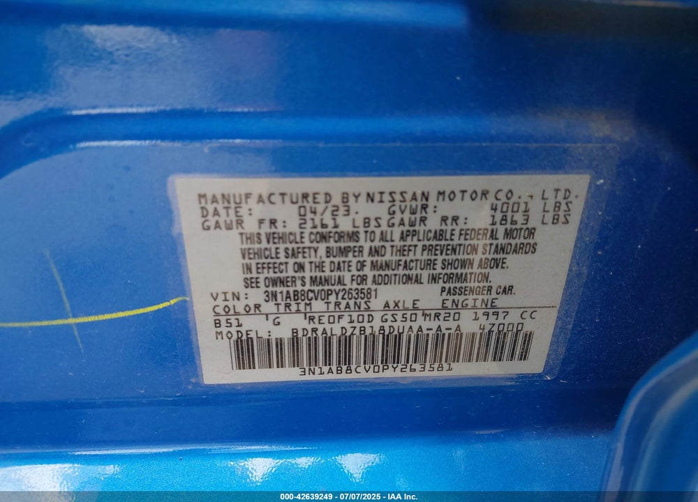 2023 NISSAN SENTRA VIN: 3N1AB8CV0PY263581