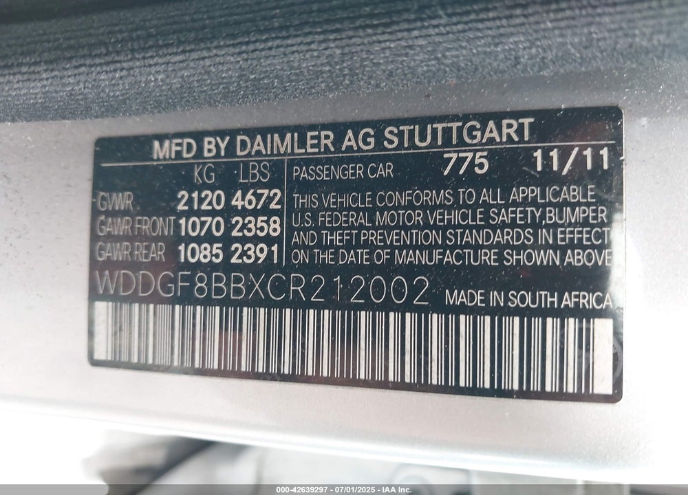 2012 MERCEDES-BENZ C CLASS VIN: WDDGF8BBXCR212002