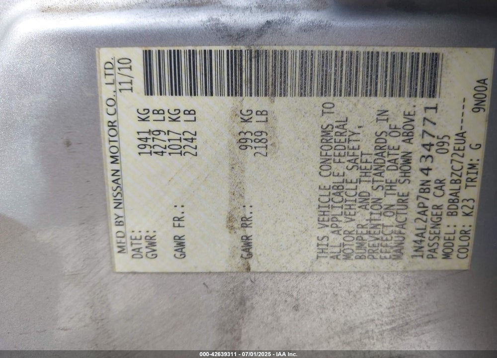 2011 NISSAN ALTIMA VIN: 1N4AL2AP7BN434771