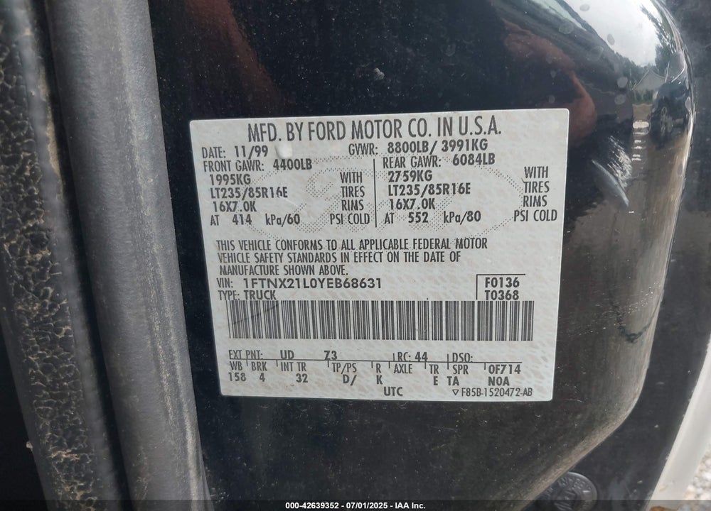 2000 FORD F-250 LARIAT/XL/XLT VIN: 1FTNX21L0YEB68631