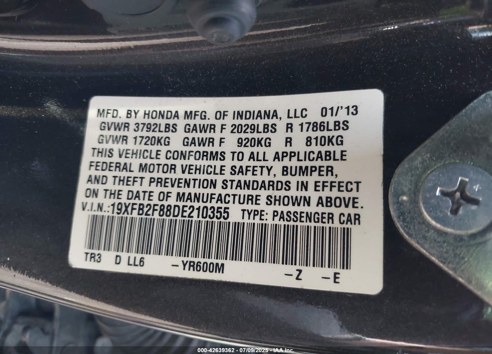 2013 HONDA CIVIC EX VIN: 19XFB2F88DE210355