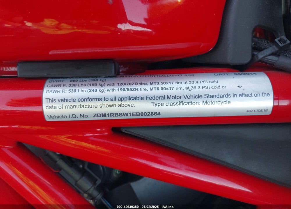 2014 DUCATI MONSTER 1200 S VIN: ZDM1RBSW1EB002864