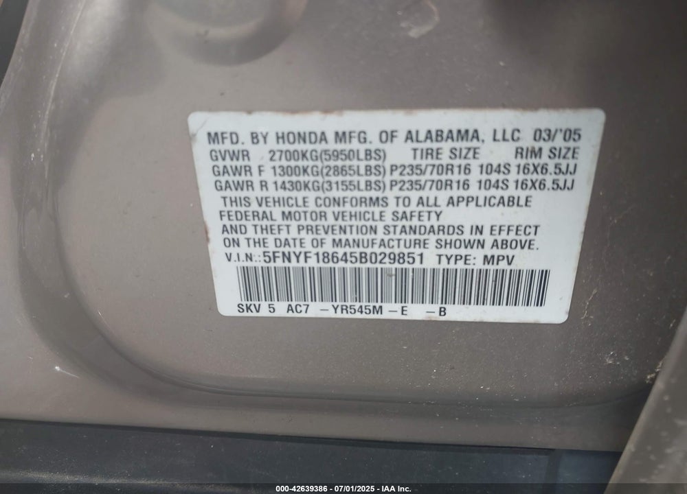 2005 HONDA PILOT VIN: 5FNYF18645B029851