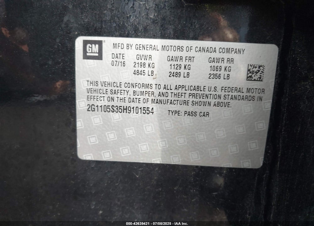 2017 CHEVROLET IMPALA VIN: 2G1105S35H9101554