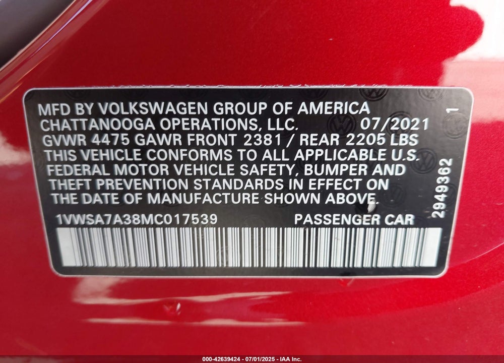 2021 VOLKSWAGEN PASSAT VIN: 1VWSA7A38MC017539