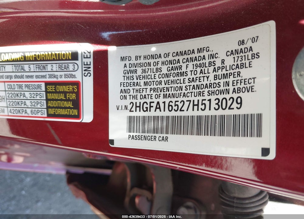 2007 HONDA CIVIC LX VIN: 2HGFA16527H513029