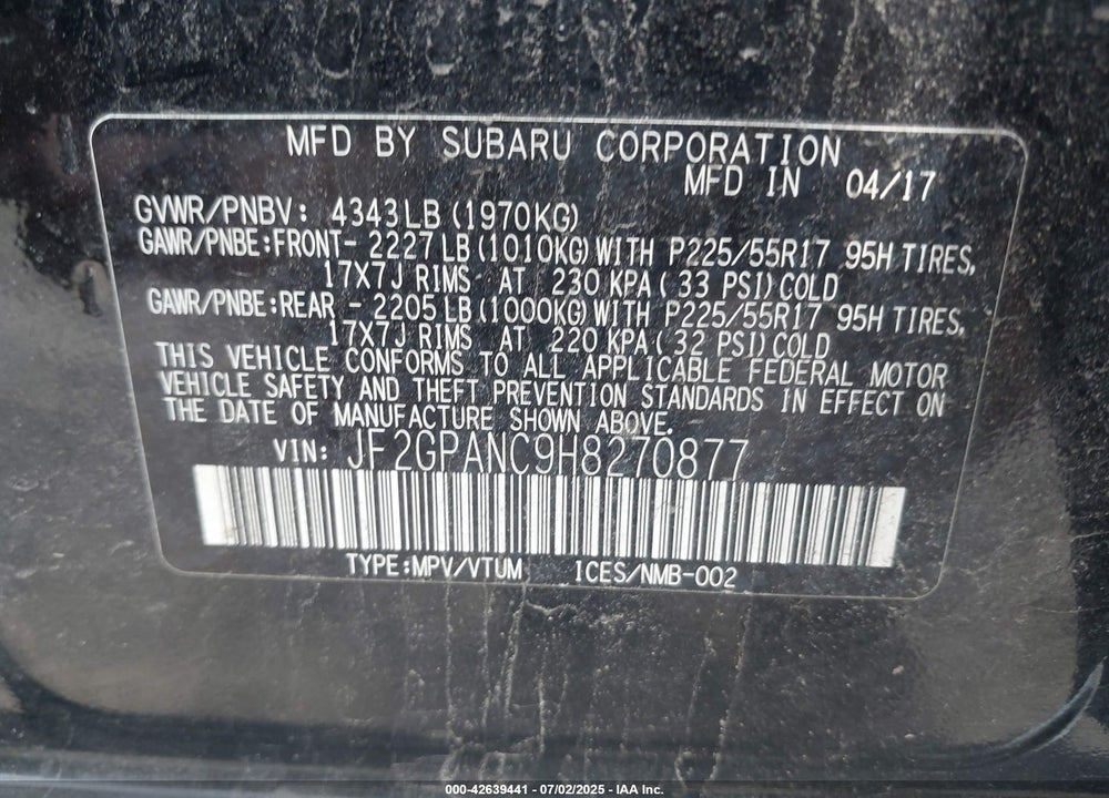 2017 SUBARU CROSSTREK VIN: JF2GPANC9H8270877