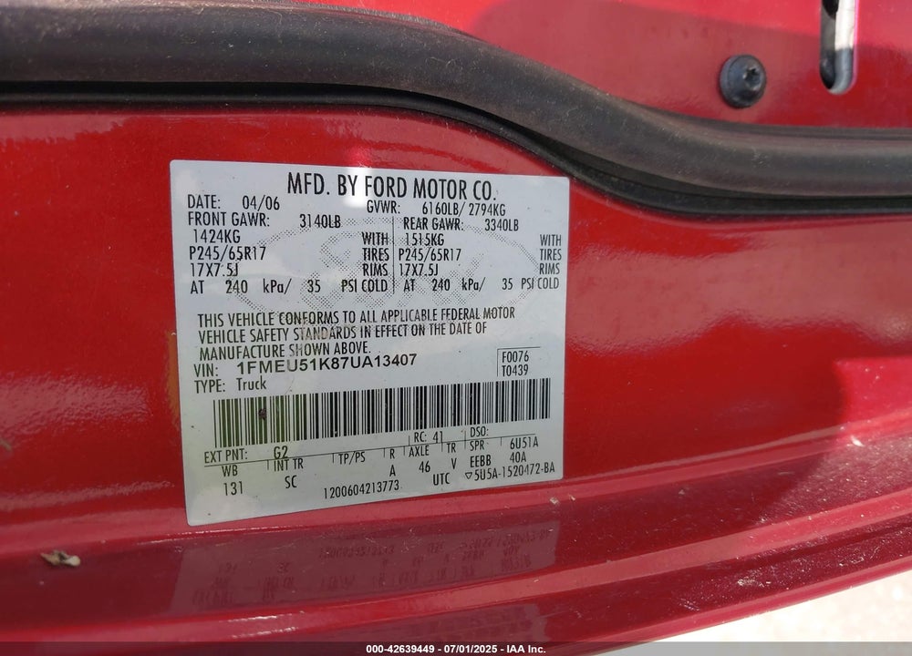 2007 FORD EXPLORER SPORT TRAC VIN: 1FMEU51K87UA13407