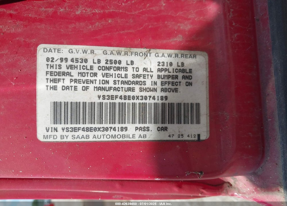 1999 SAAB 9-5 SE VIN: YS3EF48E0X3074189