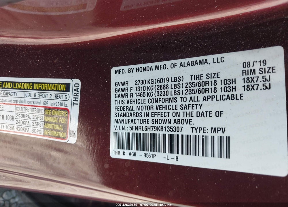 2019 HONDA ODYSSEY VIN: 5FNRL6H79KB135307