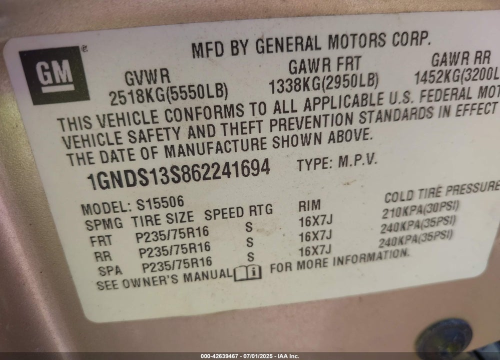 2006 CHEVROLET TRAILBLAZER VIN: 1GNDS13S862241694
