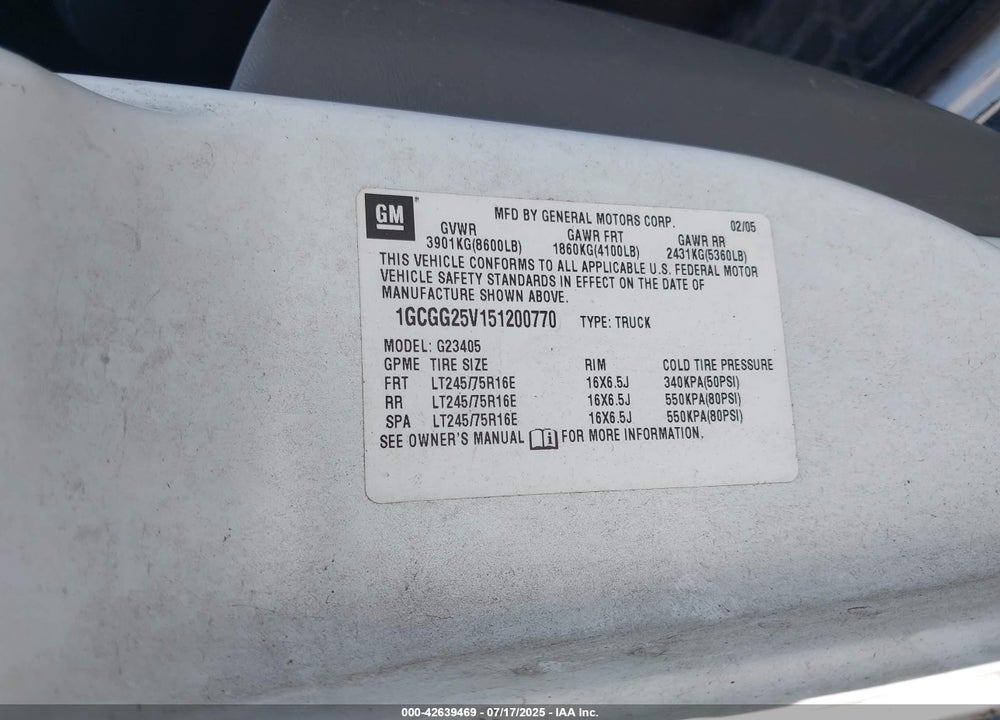 2005 CHEVROLET EXPRESS VIN: 1GCGG25V151200770