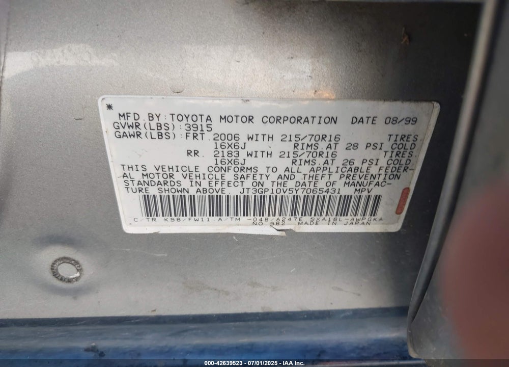 2000 TOYOTA RAV4 VIN: JT3GP10V5Y7065431