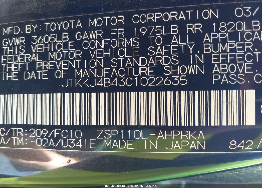 2012 SCION XD VIN: JTKKU4B43C1022635