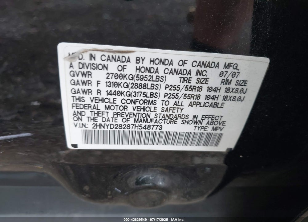 2007 ACURA MDX VIN: 2HNYD28287H548773