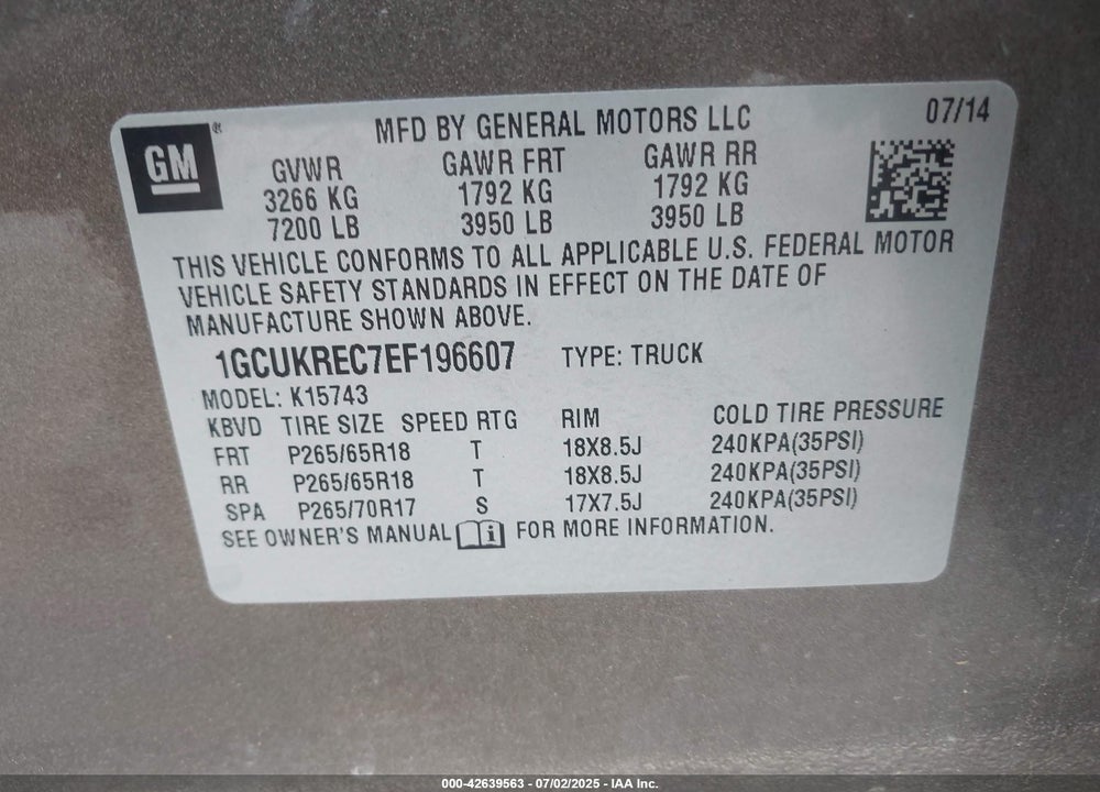 2014 CHEVROLET SILVERADO 1500 VIN: 1GCUKREC7EF196607