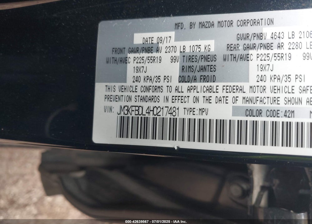 2017 MAZDA CX-5 VIN: JM3KFBDL4H0217481