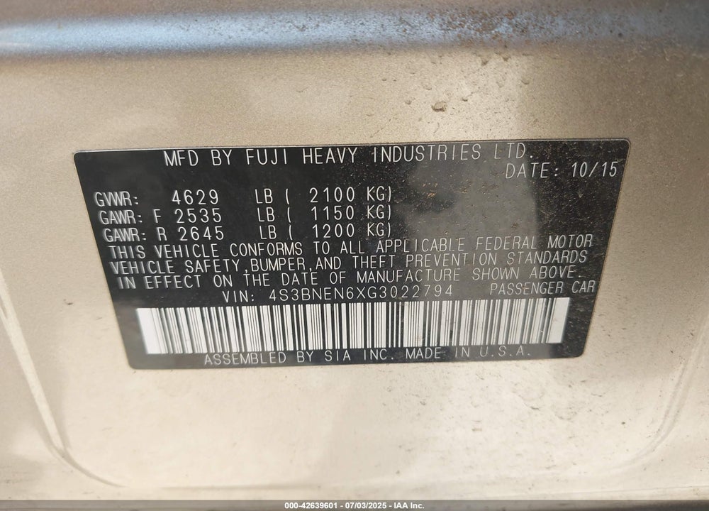 2016 SUBARU LEGACY VIN: 4S3BNEN6XG3022794