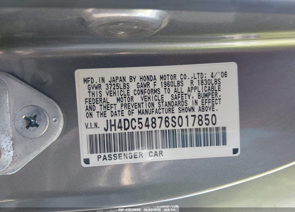 2006 ACURA RSX VIN: JH4DC54876S017850