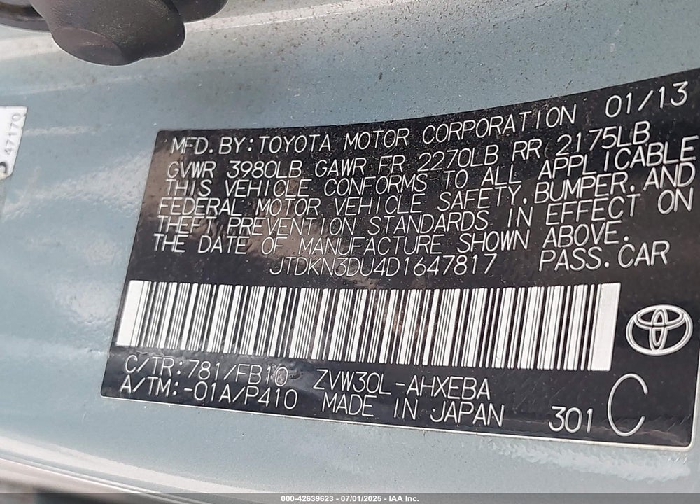 2013 TOYOTA PRIUS TWO VIN: JTDKN3DU4D1647817
